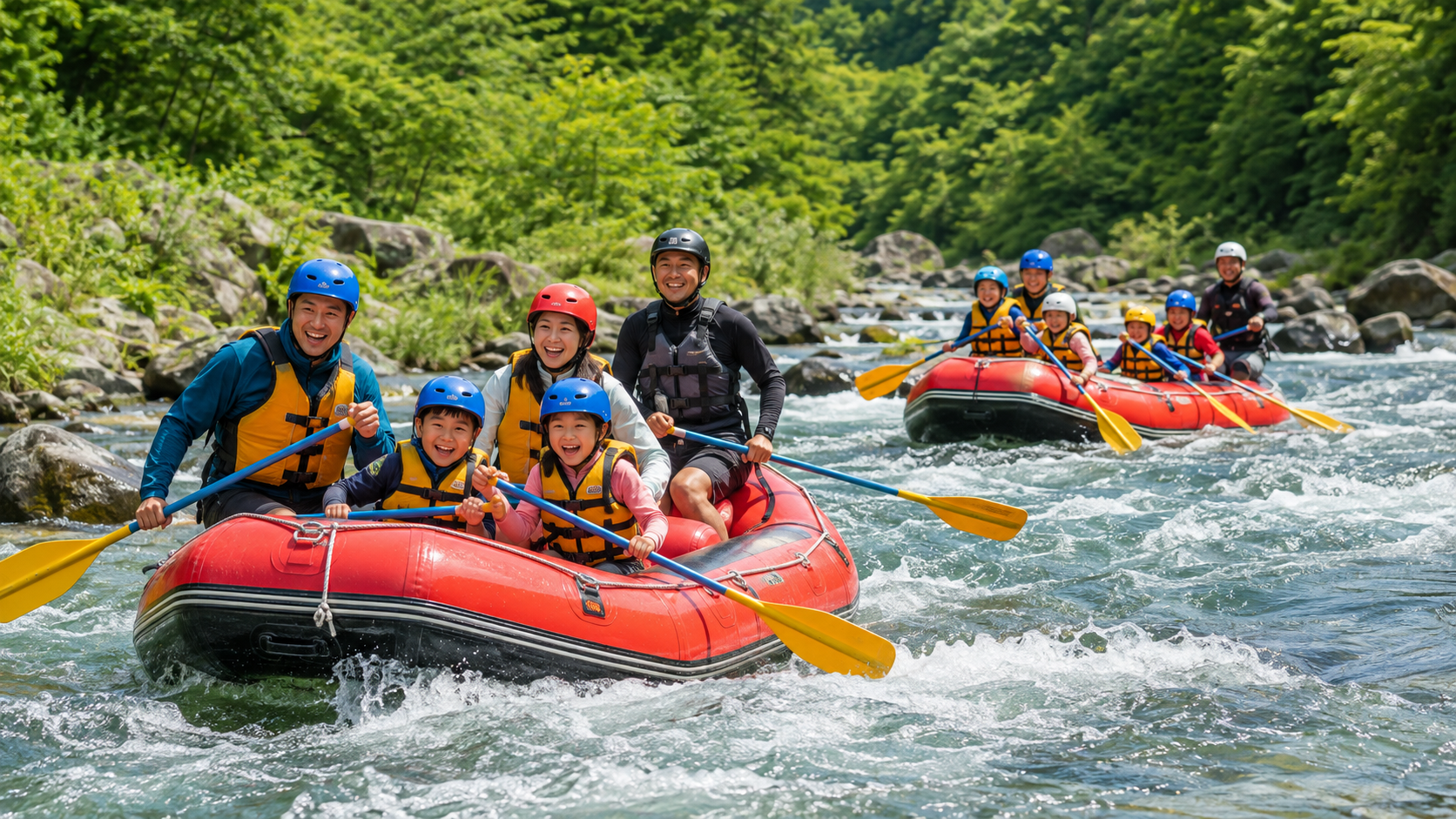 Family rafting near Tokyo with kids, parents and guides wearing helmets and life jackets