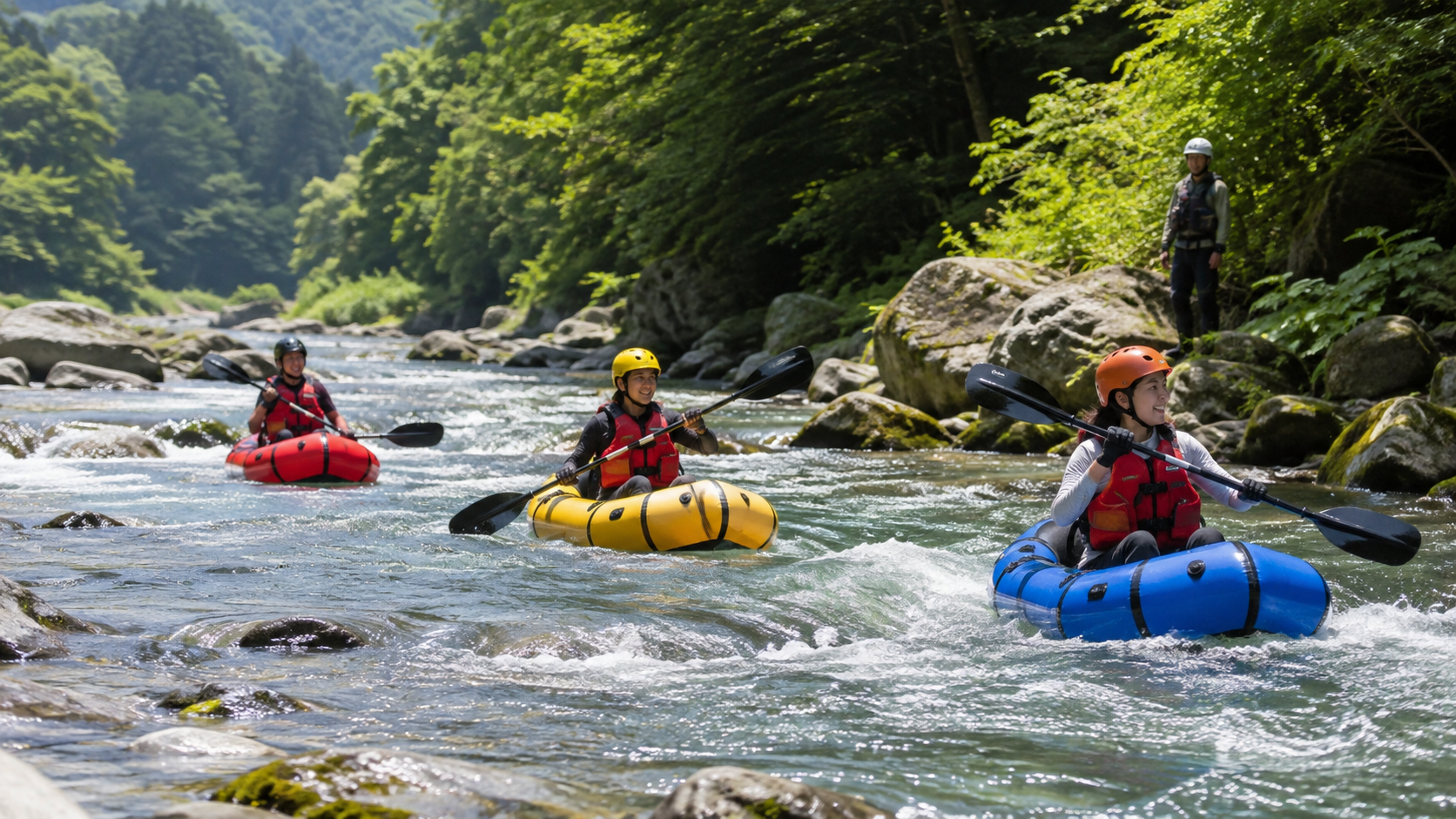 Pack Raft guests paddling individual small boats on a clear Japanese river