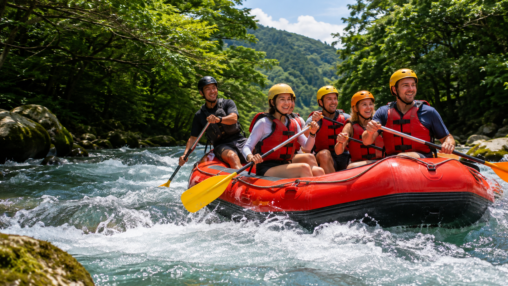 Clear river rafting in Japan with guide and guests wearing helmets and life jackets
